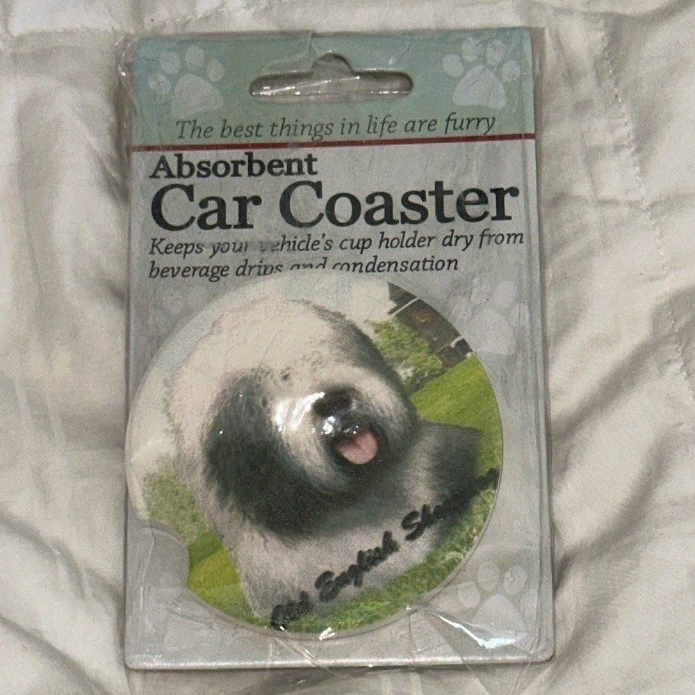 Old English Sheepdog Absorbent Car Coaster Dog Lover Vehicle Cup Holder Insert